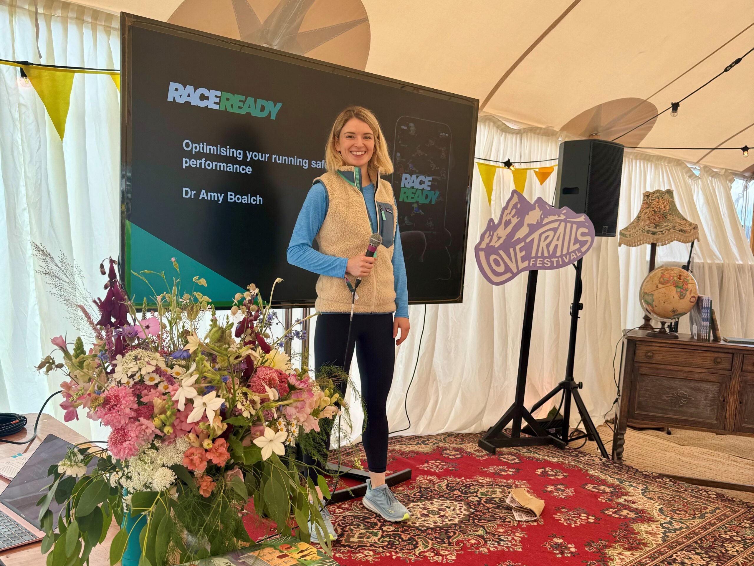 Amy talk at Love Trails Festival about safety and App Jul 2024 -LS Dr Amy Boalch talking at Love Trails Festival about race safety and the race ready app in July 2024