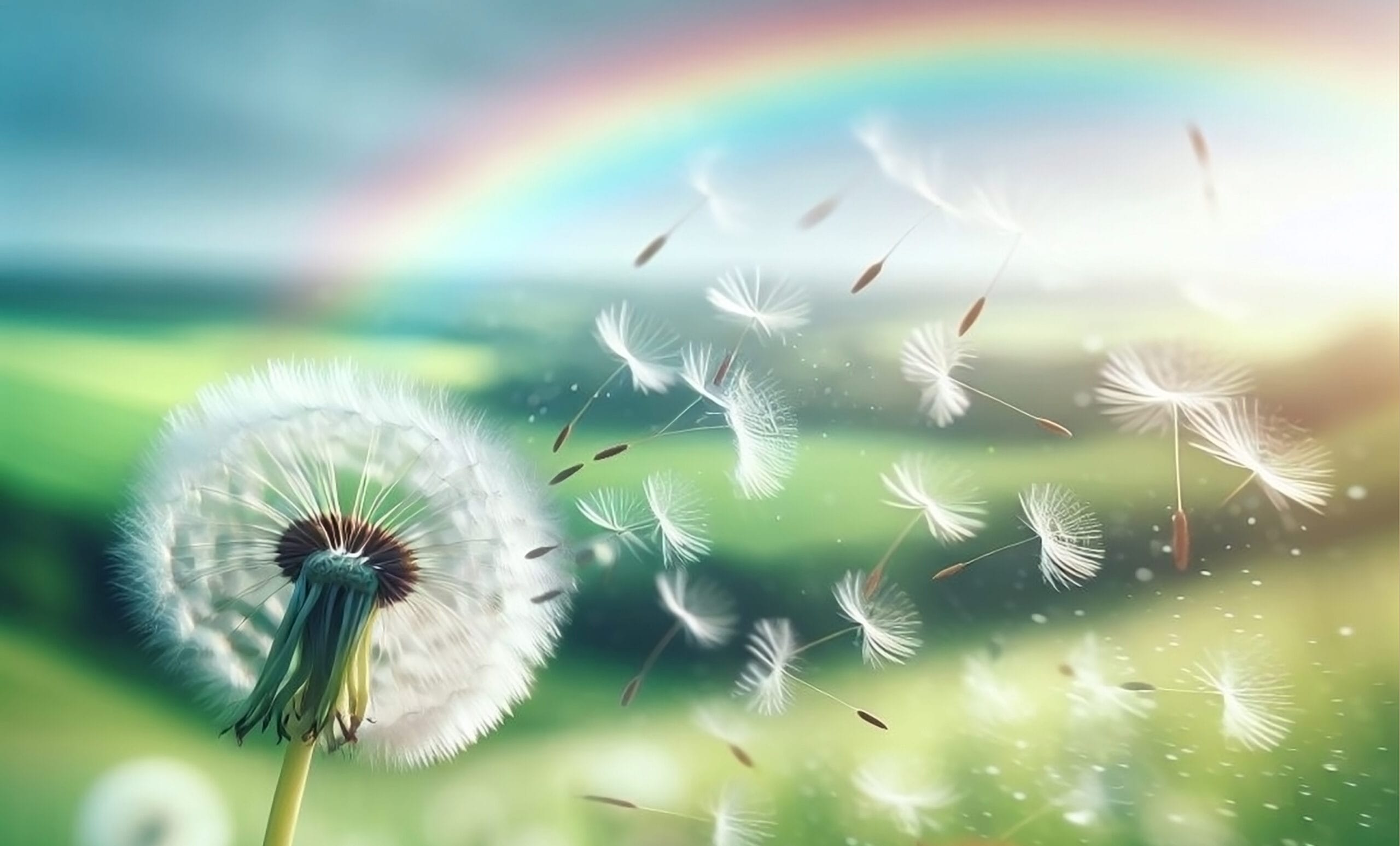 Colourful illustration of a dandelion seed head, with seeds gently blowing away in the breeze whilst a rainbow forms in the landscape behind
