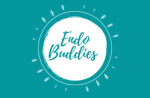 Endo Buddies Logo: A white painted effect circle with Endo Buddies handwritten in the centre