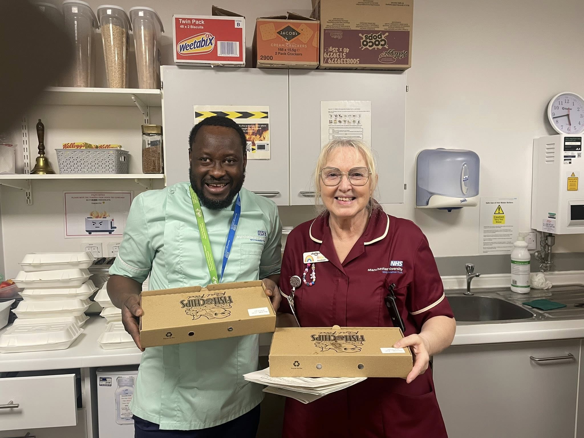 Emmies Kitchen Food Emmie's Kitchen handing food to staff at Royal Manchester Children's Hospital