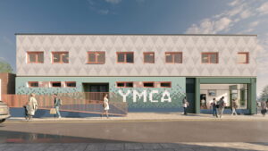 YMCA youth charity Barnsley building from outside is a 1 storey building with the lower floor decorated in a mosaic tile effect saying YMCA. Artists impression