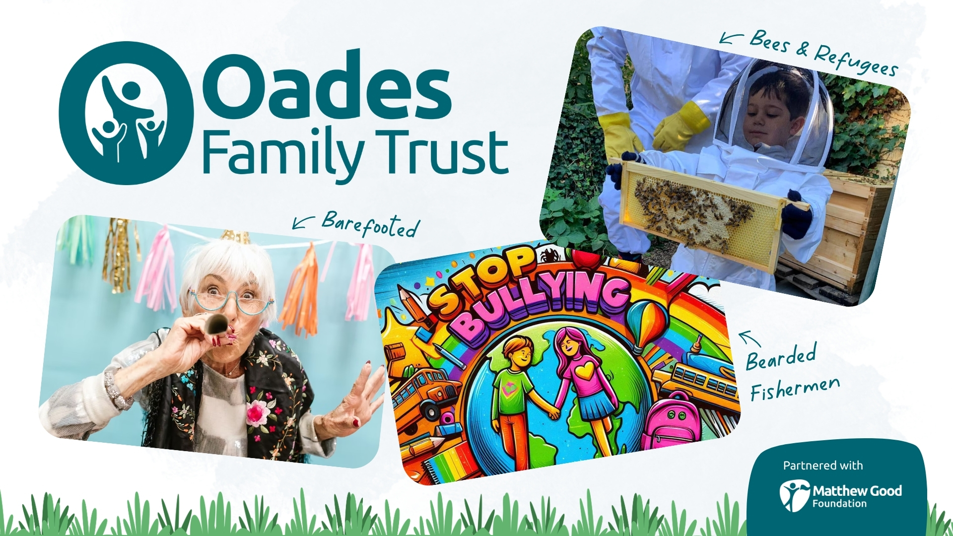 Graphic with logo and images reflecting the Oades charitable partnerships with Matthew Good Foundation