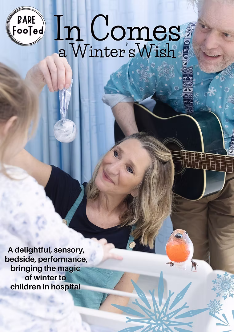 Show1 A Barefooted performer delivering a hospital arts programme bedside on a children's ward