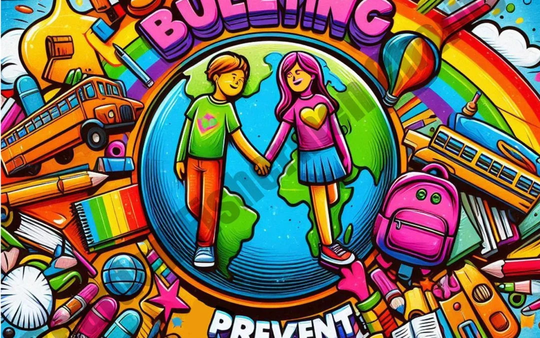 A colourful abstract graphic with school age young adults in a school environment that says "stop bullying, prevent suicides" - part of the suicide prevention charity activities at Bearded Fishermen