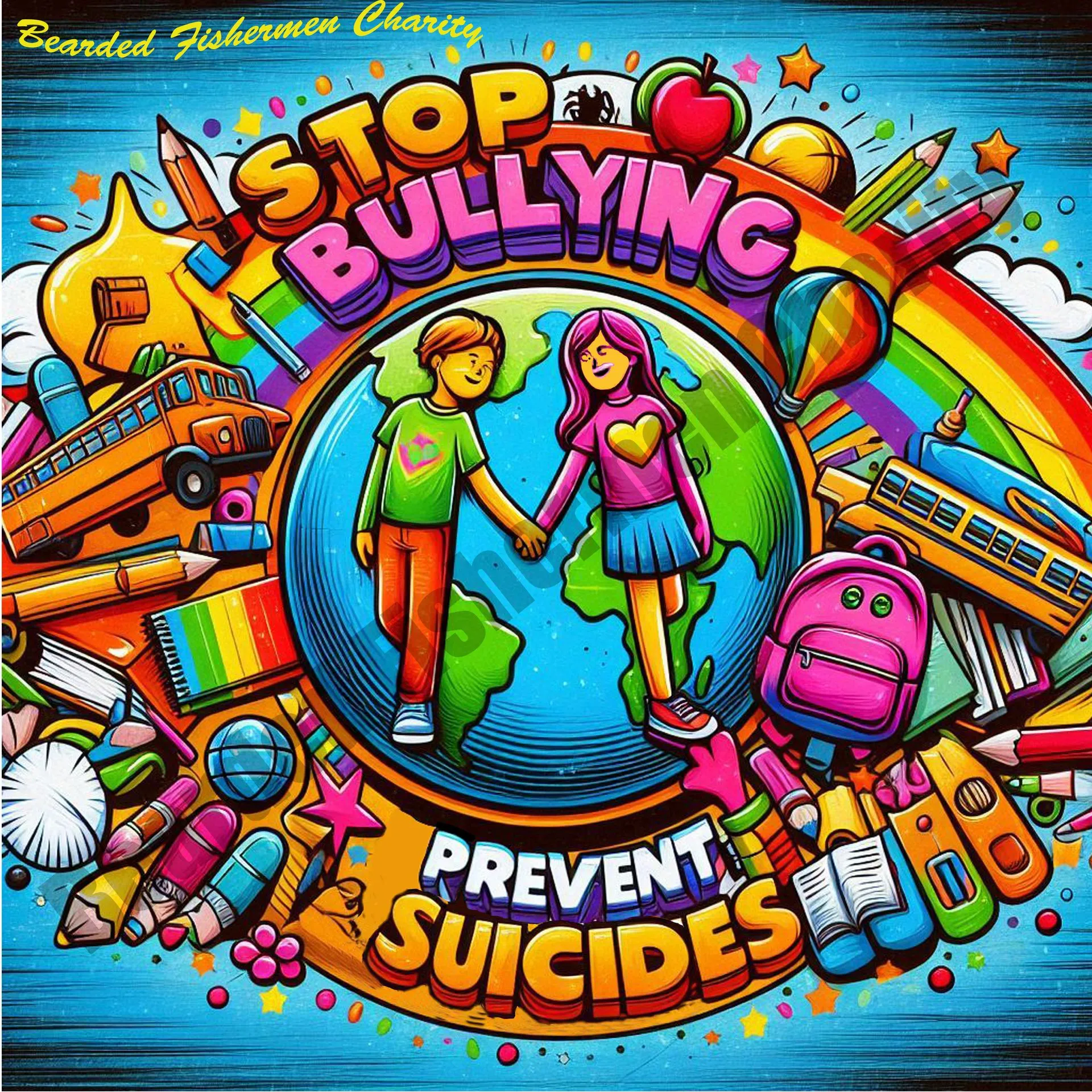 A colourful abstract graphic with school age young adults in a school environment that says "stop bullying, prevent suicides" - part of the suicide prevention charity activities at Bearded Fishermen
