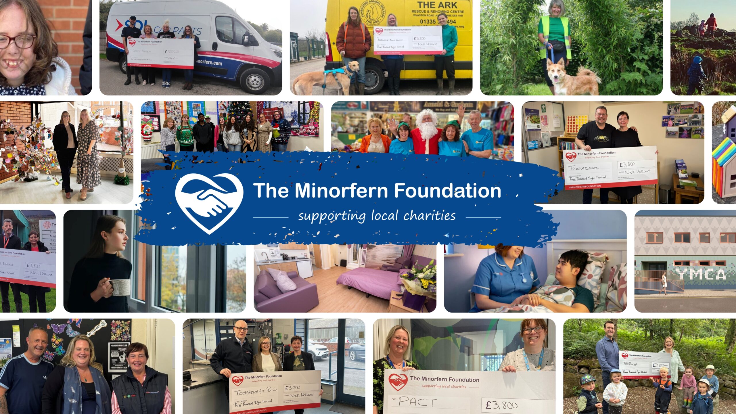 A collage of images reflecting the Minorfern Foundations activities over 2025. Photos include a number of cheque handovers for £3,800 with various employees of SDL Minorfern and many charity service users