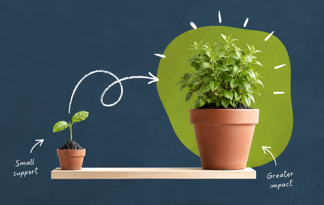 Illustration representing how business donating to charity creates a bigger impact when they support small charities. A small seedling turns into a larger plant. Matthew good foundation colours sit behind the photo quality plant images.