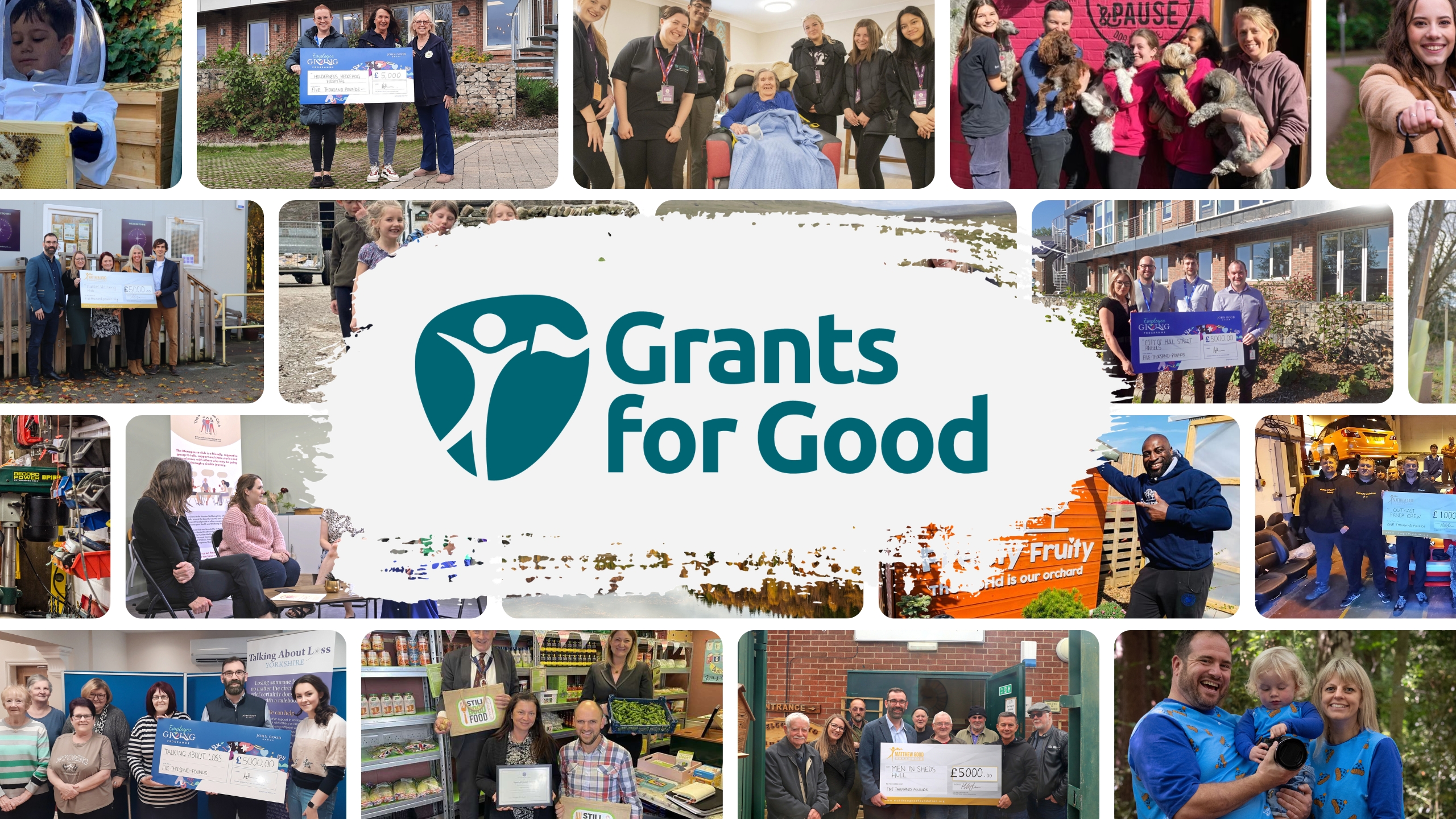 the Grants for Good Employee Giving Programme logo surrounded by images of team photos, some at cheque presentations