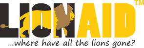 LionAid Logo shows the image of a lion walking across the word LION written in bold letters and a subheading says "Where have all the lions gone?"