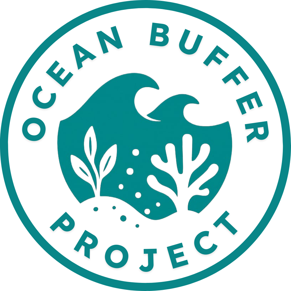 Ocean buffer project logo is aqua green with an icon depicting plants growing in the ocean.