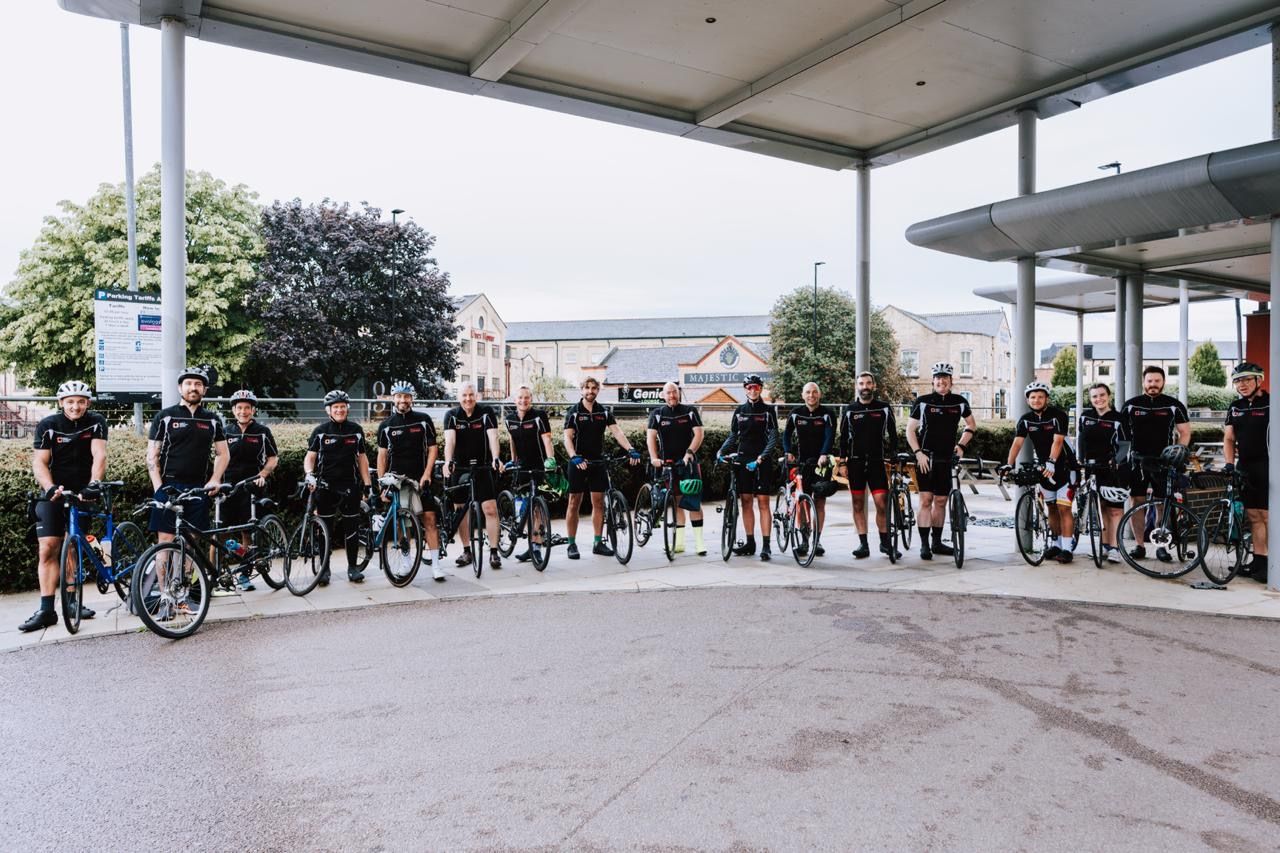 employee giving riders B2B Employee Giving Programme for John Good Group supported 5 of the 17 rider this year. Riders are shown in their riding gear at the start line