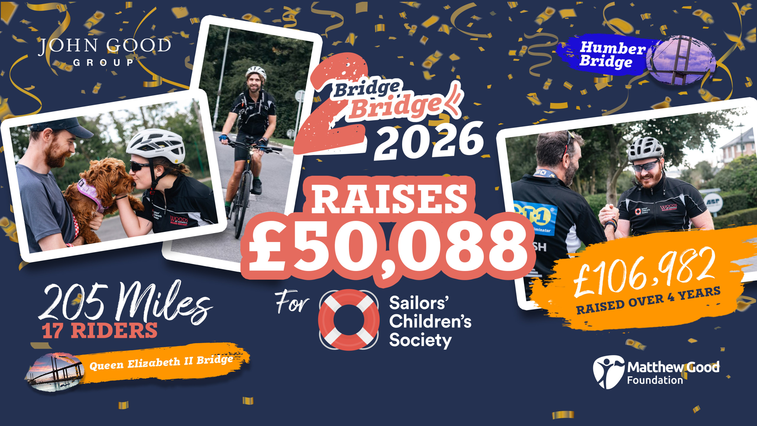 employee giving programme contributed to the £50,088 total, shown with collage of staff riders